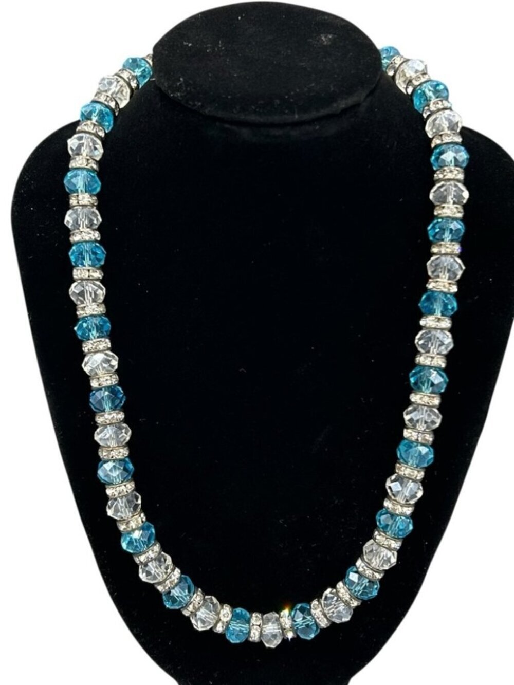 Blue Clear Faceted Bead Necklace Rhinestone Spacers Magnetic Clasp